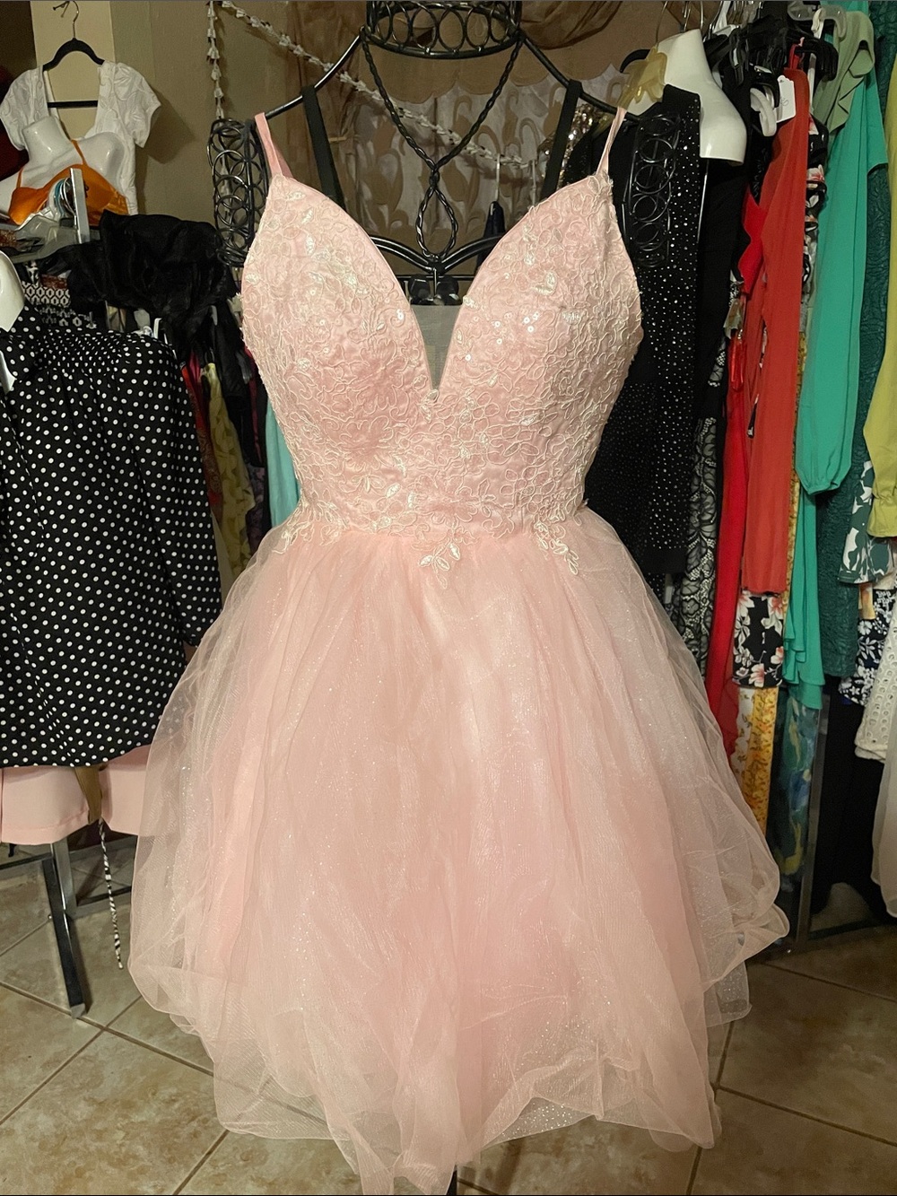 Blush Pink Lace & Tulle Prom Dress